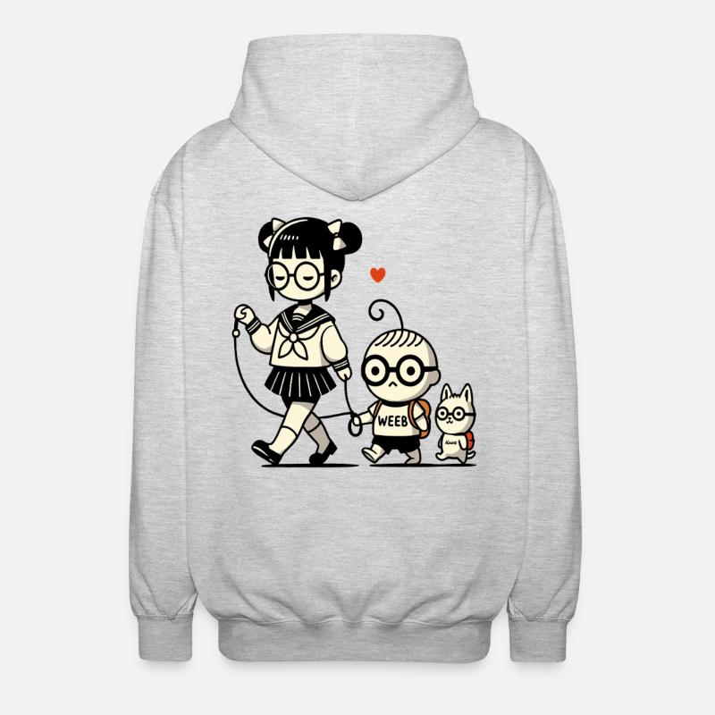 japanisches Schulmädchen, kleiner Brudermit Hund - Unisex Kapuzenjacke - Hellgrau meliert