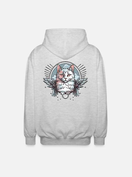 white cat with wings - Unisex Hooded Jacket - light heather grey