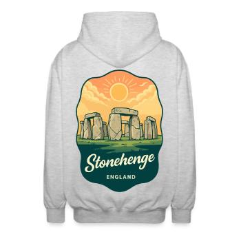 Stonehenge England Vintage Sunset Reiseabzeichen - Unisex Kapuzenjacke - Hellgrau meliert - Hinten - AI Model Male 185 light (185cm)