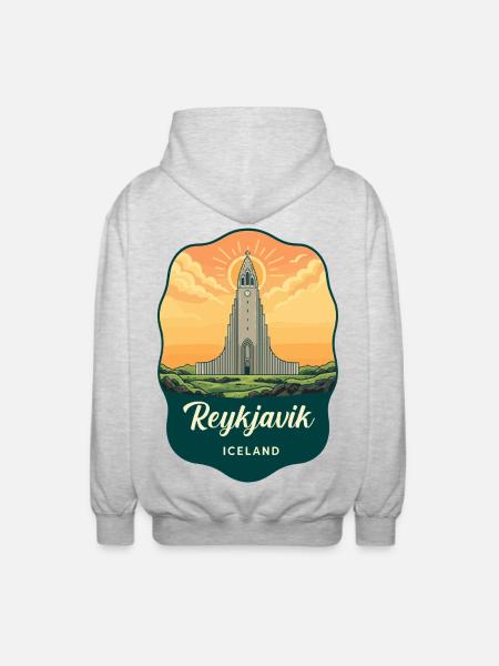 Reykjavik Iceland Retro Sunset Badge - Unisex Hooded Jacket - light heather grey