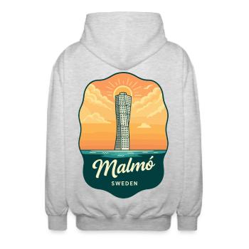 Malmö Turning Torso Vintage Sunset Abzeichen - Unisex Kapuzenjacke - Hellgrau meliert - Hinten - AI Model Male 185 light (185cm)