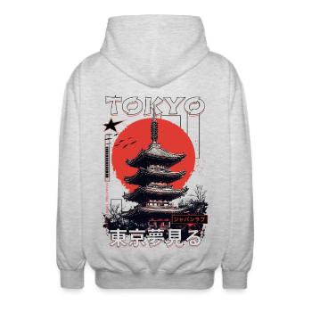 Tokyo, Japon, Pagode, ville, horizon, soleil, montagne - Veste à capuche unisexe - gris clair chiné - Dos - AI Model Male 185 light (185cm)
