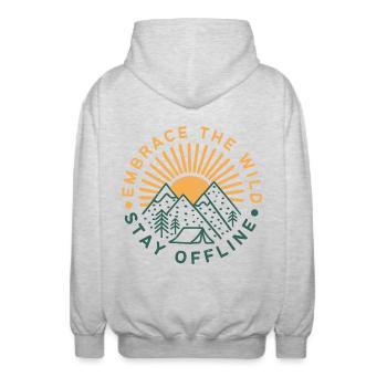 Umarmen Sie die Wildnis Bleiben Sie offline - Unisex Kapuzenjacke - Hellgrau meliert - Hinten - AI Model Male 185 light (185cm)