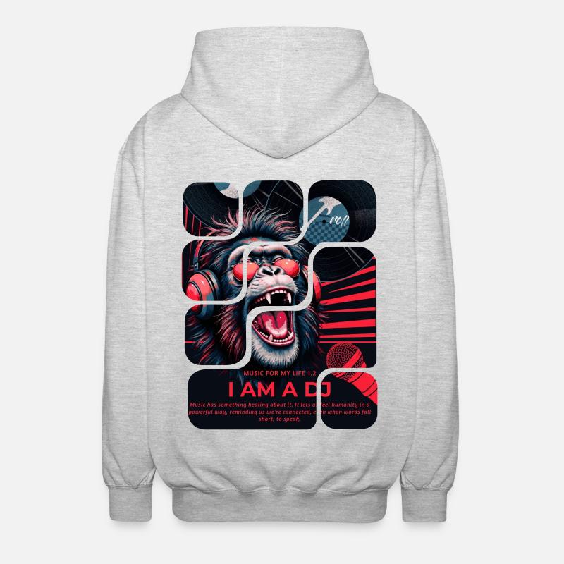 DJ Affe mit Kopfhörern Neon Design - Unisex Kapuzenjacke - Hellgrau meliert