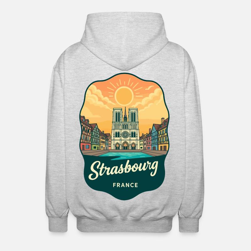 Straßburger Kathedral Retro-Sonnenuntergangsabzeichen - Unisex Kapuzenjacke - Hellgrau meliert