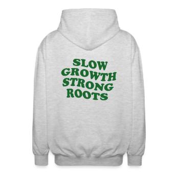 Slow Growth, Strong Roots–Natur-inspiriertes Motiv - Unisex Kapuzenjacke - Hellgrau meliert - Hinten - AI Model Male 185 light (185cm)