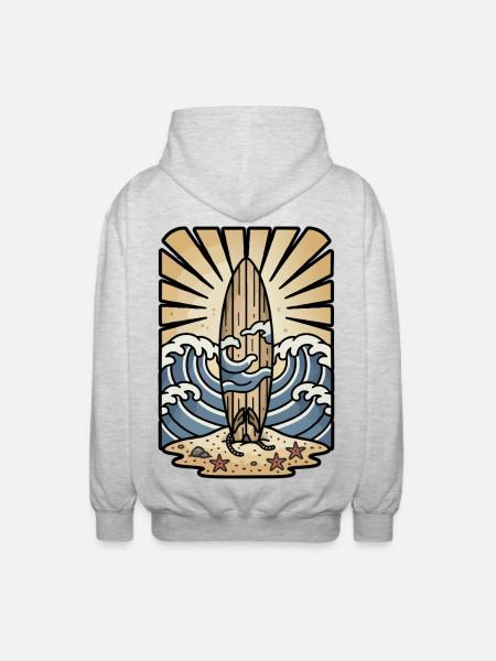Wooden Surfboard Ocean Waves Sun Retro - Unisex Hooded Jacket - light heather grey