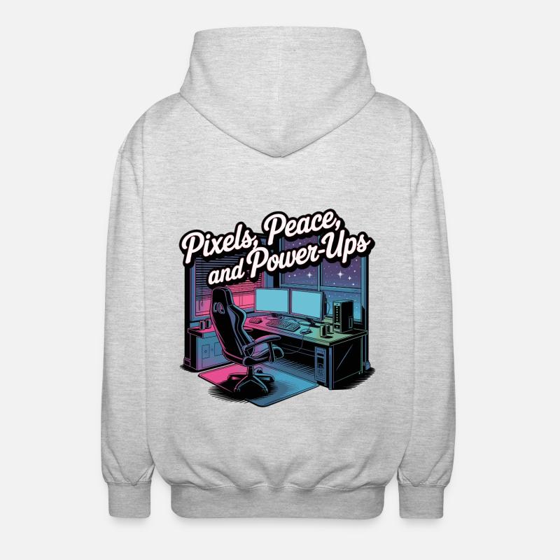 Pixels, Peace & Power-Ups – Gaming-Setup - Unisex Kapuzenjacke - Hellgrau meliert