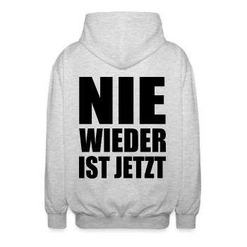 Nie wieder ist jetzt - Unisex Kapuzenjacke - Hellgrau meliert - Hinten - AI Model Male 185 light (185cm)