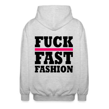 Fuck fast fashion - Veste à capuche unisexe - gris clair chiné - Dos - AI Model Male 185 light (185cm)