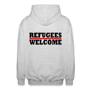 refugees welcome - Unisex Kapuzenjacke - Hellgrau meliert - Hinten - AI Model Male 185 light (185cm)