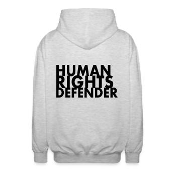 Human rights defender - Unisex Hooded Jacket - light heather grey - Back - AI Model Male 185 light (185cm)