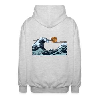 Kanagawa Waves Aesthetic Japanese Art Great Wave - Unisex Hooded Jacket - light heather grey - Back - AI Model Male 185 light (185cm)