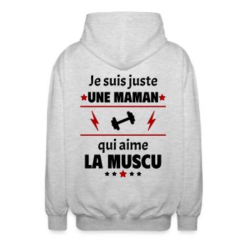 Juste une maman qui aime la muscu, cadeau noël - Veste à capuche unisexe - gris clair chiné - Dos - AI Model Male 185 light (185cm)