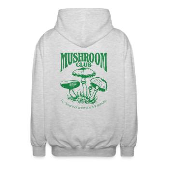 Mushroom Club – Vintage Pilz-Typografie - Unisex Kapuzenjacke - Hellgrau meliert - Hinten - AI Model Male 185 light (185cm)