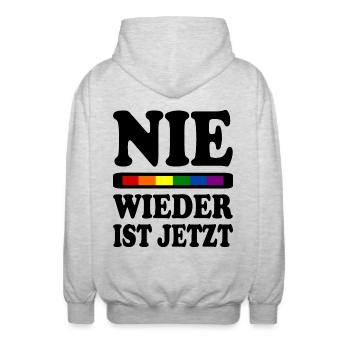 Nie wieder ist jetzt - Unisex Kapuzenjacke - Hellgrau meliert - Hinten - AI Model Male 185 light (185cm)