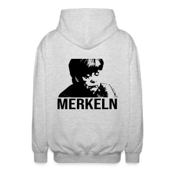 lustiges Merkel politik geschenk shirt - Unisex Kapuzenjacke - Hellgrau meliert - Hinten - AI Model Male 185 light (185cm)
