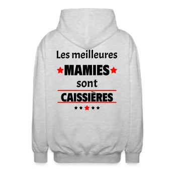 Les meilleures mamies sont caissières, cadeau noël - Veste à capuche unisexe - gris clair chiné - Dos - AI Model Male 185 light (185cm)