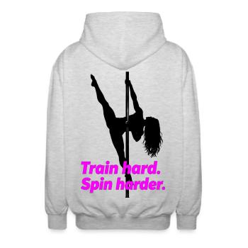 Pole Dance Silhouette – Train Hard Spin Harder - Unisex Hooded Jacket - light heather grey - Back - AI Model Male 185 light (185cm)