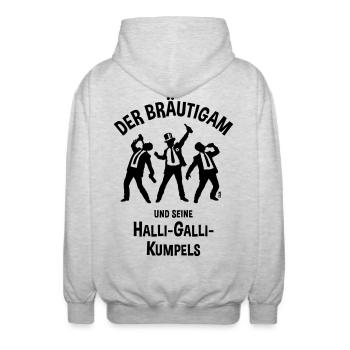 Der Bräutigam Und Seine Halli-Galli-Kumpels, JGA B - Unisex Kapuzenjacke - Hellgrau meliert - Hinten - AI Model Male 185 light (185cm)