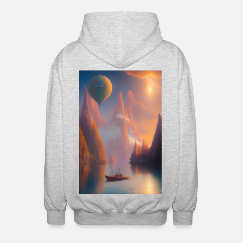 Landschaft mit See, Boot und Berge - Unisex Kapuzenjacke - Hellgrau meliert
