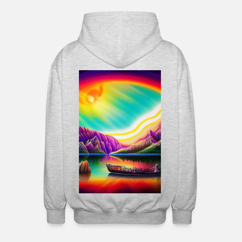 Landschaft mit See, Boot und Berge - Unisex Kapuzenjacke - Hellgrau meliert