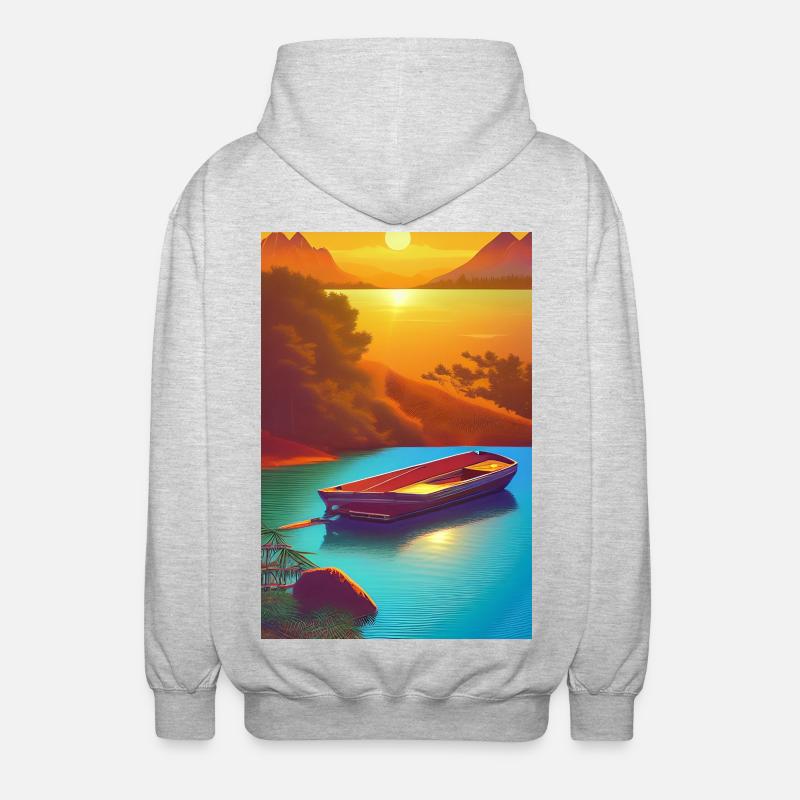 Landschaft mit See, Boot und Berge - Unisex Kapuzenjacke - Hellgrau meliert