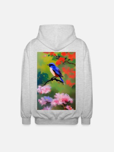 Bird on branch with flower blossoms - Unisex Hooded Jacket - light heather grey