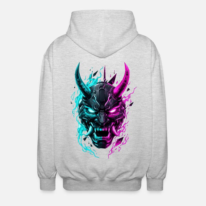 Neon Cyber Oni Mask - Unisex Hooded Jacket - light heather grey