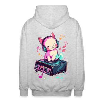 Cute cat with headphones listening to music - Unisex Hooded Jacket - light heather grey - Back - AI Model Male 185 light (185cm)