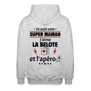 Super maman belote et apéro, fête des mères, noël - Veste à capuche unisexe - gris clair chiné - Dos - AI Model Male 185 light (185cm)