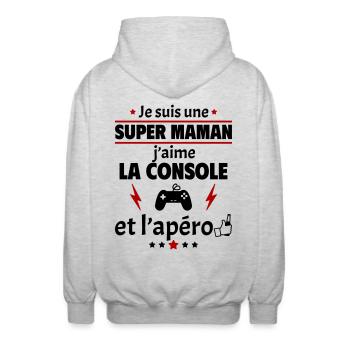Super maman console et apéro, fête des mères, noël - Veste à capuche unisexe - gris clair chiné - Dos - AI Model Male 185 light (185cm)