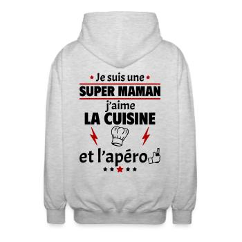 Super maman cuisine et apéro, fête des pères, noël - Veste à capuche unisexe - gris clair chiné - Dos - AI Model Male 185 light (185cm)