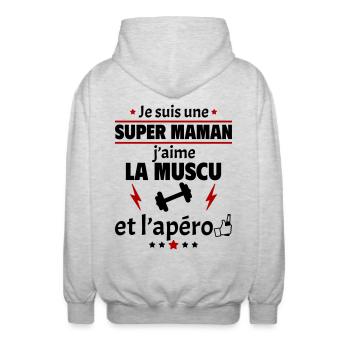 Super maman muscu et apéro, fête des pères, noël - Veste à capuche unisexe - gris clair chiné - Dos - AI Model Male 185 light (185cm)
