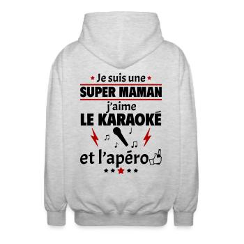 Super maman karaoké et apéro, fête des mères, noël - Veste à capuche unisexe - gris clair chiné - Dos - AI Model Male 185 light (185cm)