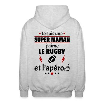 Super maman rugby et apéro, fête des mères, noël - Veste à capuche unisexe - gris clair chiné - Dos - AI Model Male 185 light (185cm)