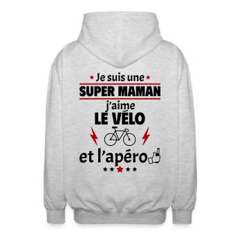 Super maman vélo et apéro, fête des mères, noël - Veste à capuche unisexe - gris clair chiné - Dos - AI Model Male 185 light (185cm)