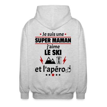 Super maman ski et apéro, fête des mères, noël - Veste à capuche unisexe - gris clair chiné - Dos - AI Model Male 185 light (185cm)