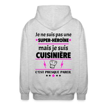Pas super-héroïne cuisinière, fête des mères, noël - Veste à capuche unisexe - gris clair chiné - Dos - AI Model Male 185 light (185cm)