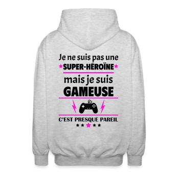 Pas super-héroïne gameuse, fête des mères, noël - Veste à capuche unisexe - gris clair chiné - Dos - AI Model Male 185 light (185cm)