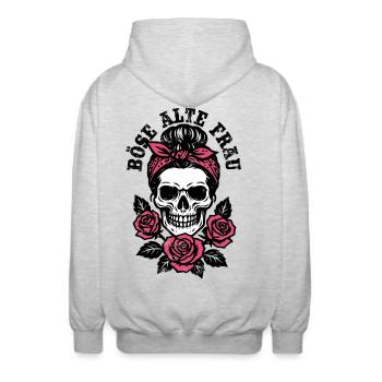Böse alte Frau - Totenkopf - Rosen - Spruch - Unisex Kapuzenjacke - Hellgrau meliert - Hinten - AI Model Male 185 light (185cm)