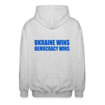 Ukraine wins democracy wins - Unisex Hooded Jacket - light heather grey - Back - AI Model Male 185 light (185cm)