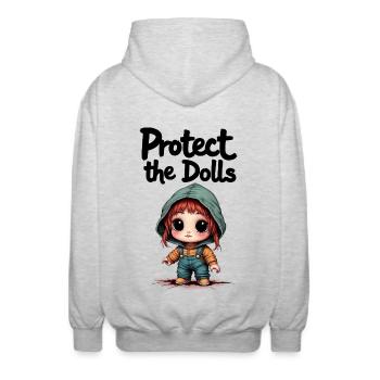 Protect the Dolls - Süße Botschaft - Unisex Kapuzenjacke - Hellgrau meliert - Hinten - AI Model Male 185 light (185cm)
