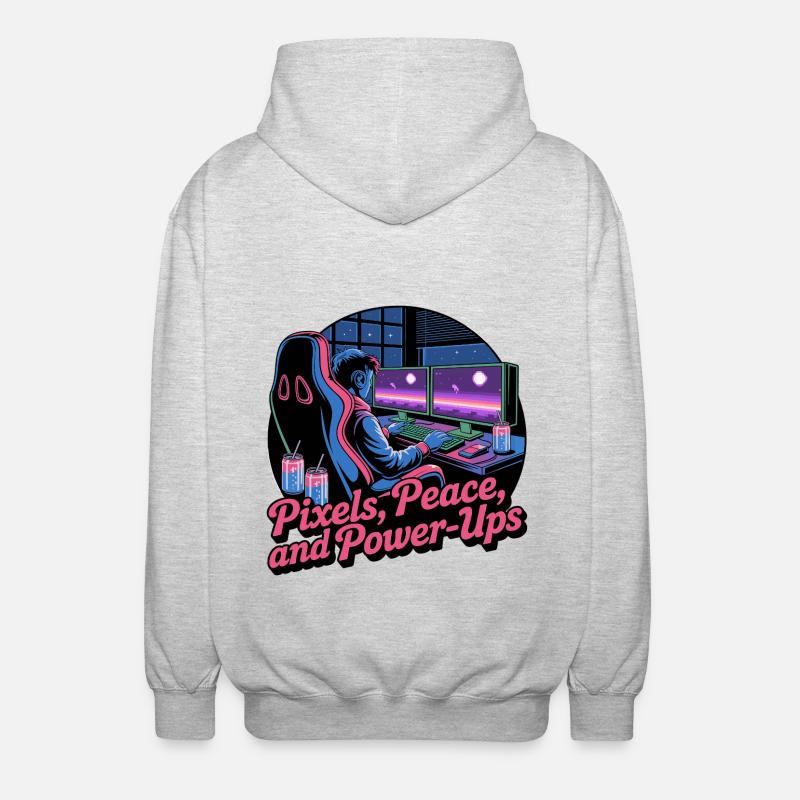Pixels, Peace & Power-Ups – Gaming-Setup - Unisex Kapuzenjacke - Hellgrau meliert