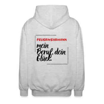Feuerwehrmann - mein Beruf, dein Glück. - Unisex Kapuzenjacke - Hellgrau meliert - Hinten - AI Model Male 185 light (185cm)