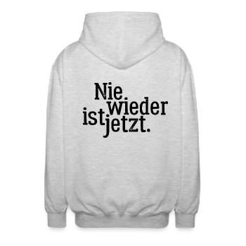 Nie wieder ist jetzt - Gegen Rechts, gegen Hetze - Unisex Kapuzenjacke - Hellgrau meliert - Hinten - AI Model Male 185 light (185cm)