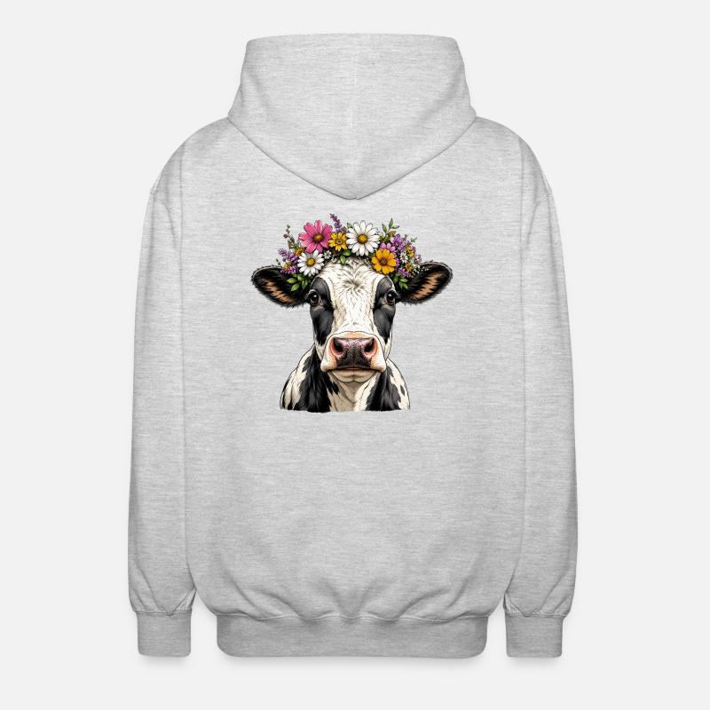 Kuh mit Blumenschmuck - Unisex Kapuzenjacke - Hellgrau meliert