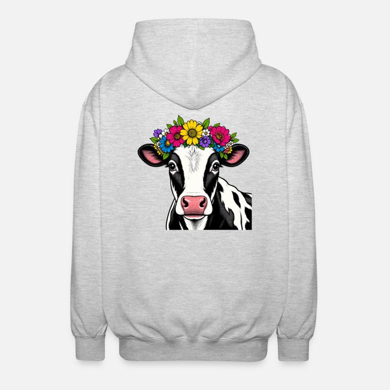 Kuh mit Blumenschmuck - Unisex Kapuzenjacke - Hellgrau meliert