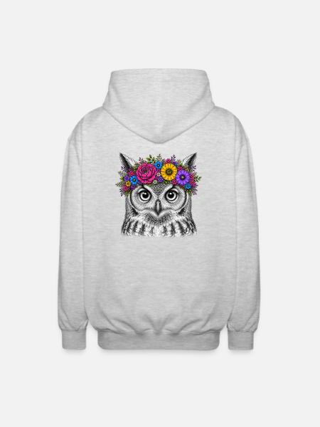 Eulenkopf mit Blumenkrone - Unisex Kapuzenjacke - Hellgrau meliert