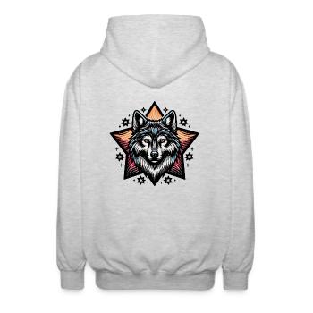 farbenfrohes Wolfsportrait - Unisex Kapuzenjacke - Hellgrau meliert - Hinten - AI Model Male 185 light (185cm)